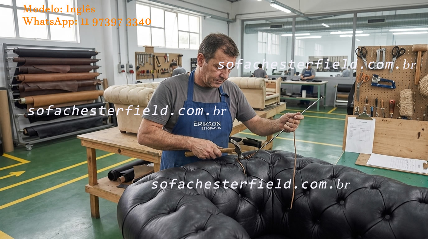 Detalhe dos botões profundos e do acabamento artesanal em capitonê de Sofá Chesterfield em couro com sua história