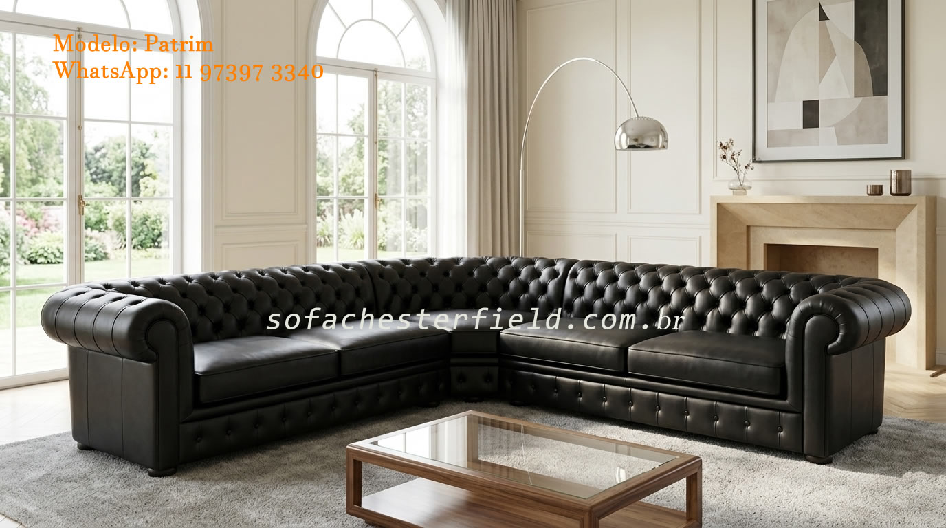 Sofá Chesterfield de canto com 5 lugares em couro legítimo preto e acabamento artesanal em capitonê
