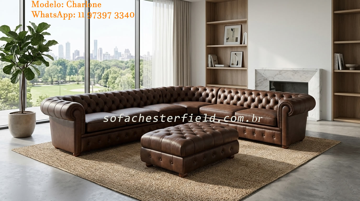 Sofá Chesterfield de canto sob medida instalado em sala de estar