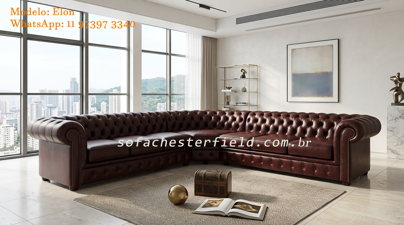 Sofá Chesterfield de canto em couro com botão acabamento artesanal em capitonê