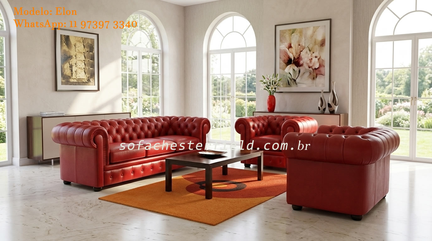 Sofá e poltrona Chesterfield em couro legítimo vinho e vermelho cereja com acabamento artesanal em capitonê